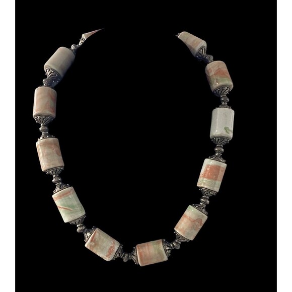 Hand Crafted Barrel Porcelain Beads Choker Bib Necklace Earth Tone Faux Jasper - Picture 5 of 11